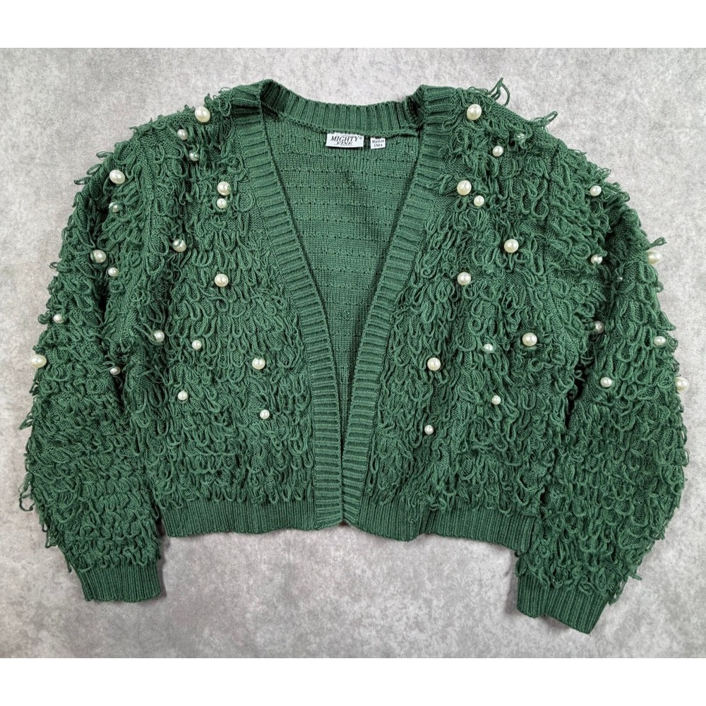 Mighty Fine Womens Medium Cardigan Green Faux Pearl Loop Knit Cropped Coquette